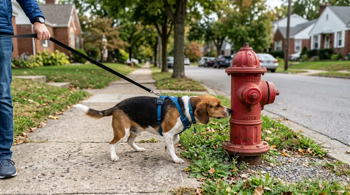A beagle on a leash sniffing a red fire hydrant on a tree-lined suburban sidewalk.