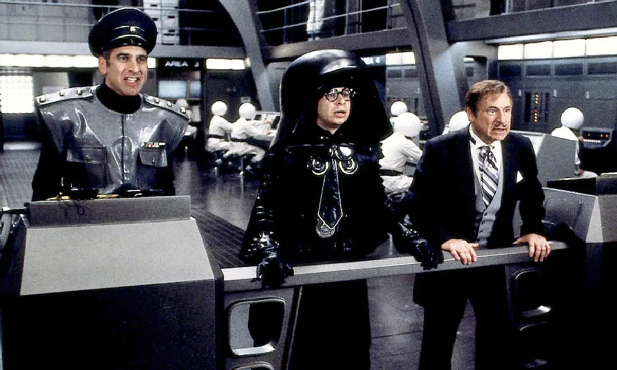 A cinematic space scene from Spaceballs, suggesting a massive orbital command platform.